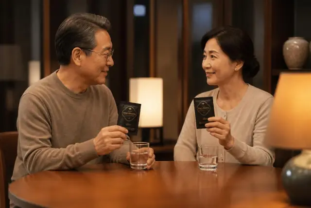 저녁 식탁에서 부부가 한 포씩 들고 마주 보는 장면
