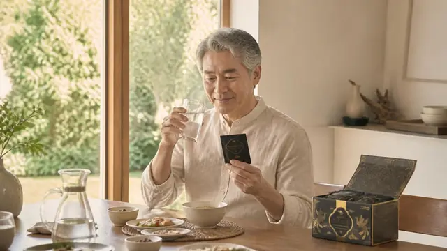 볕 드는 아침 식탁에서 물 한 잔과 함께 한 포를 드는 60대 남성