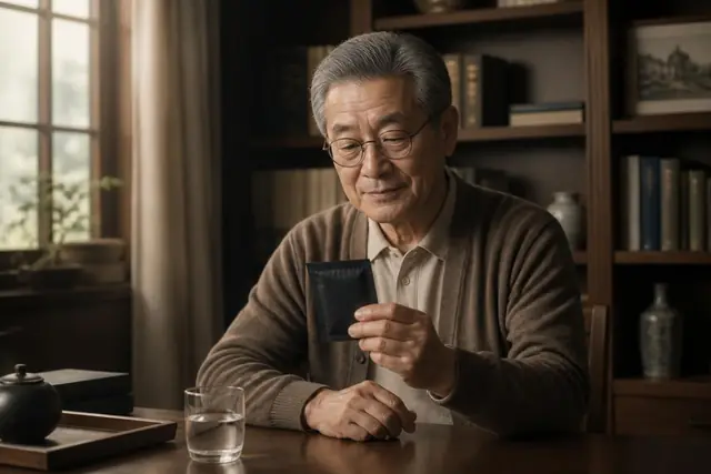 서재 책상에서 물 한 잔과 한 포를 드는 70대 남성