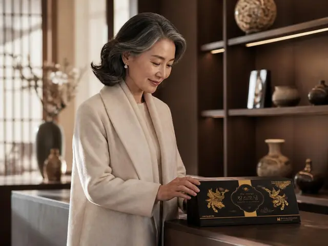 선물 가게 진열대에서 상자를 고르는 50대 여성