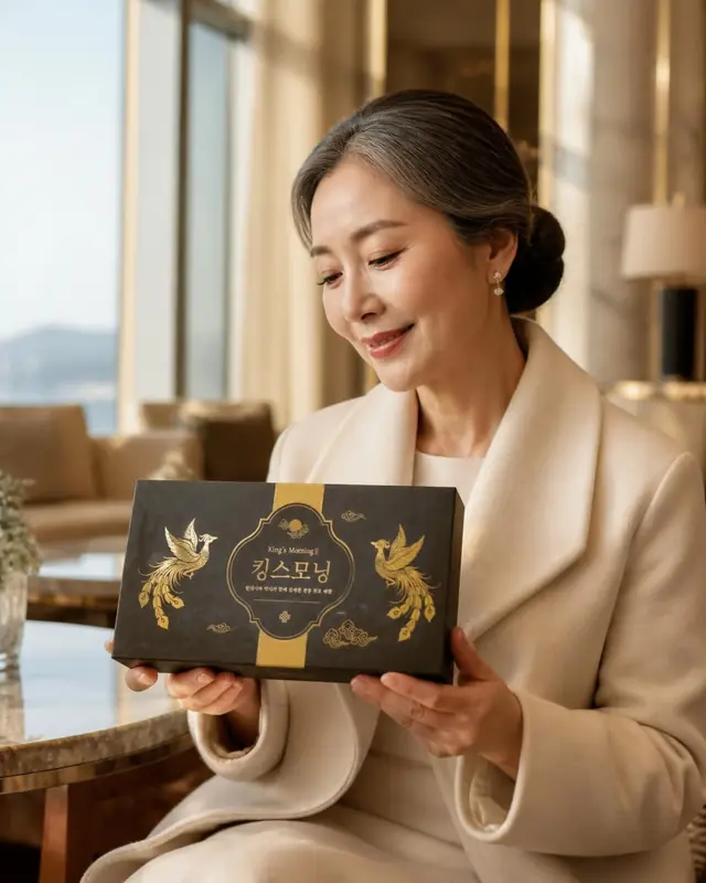 라운지 창가에서 선물 상자를 두 손에 들고 미소 짓는 50대 여성