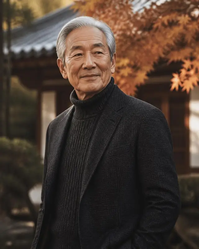 단풍 든 한옥 정원에 선 70대 남성