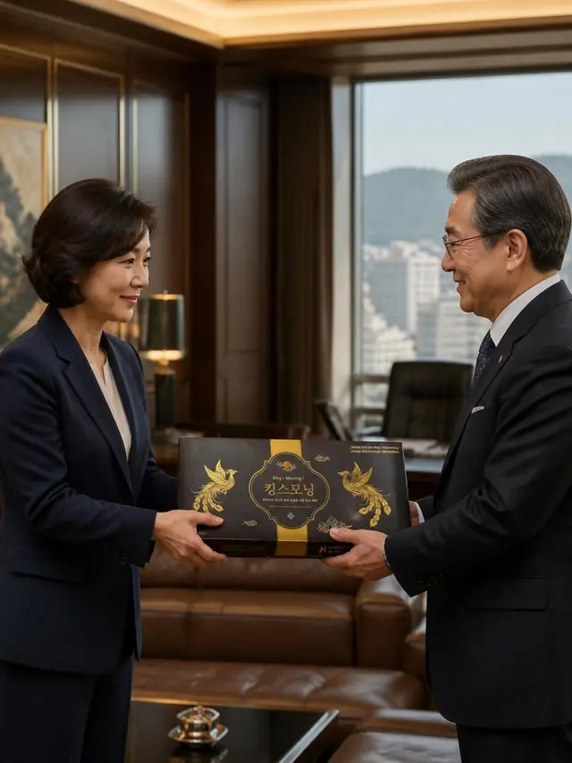 사무실에서 거래처 대표에게 두 손으로 상자를 건네는 장면
