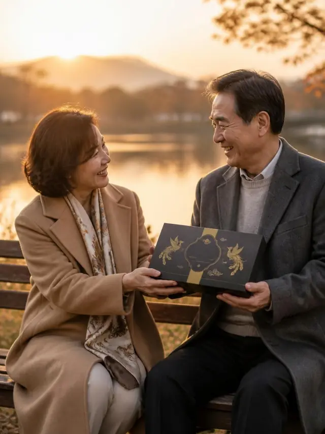 노을 진 호숫가 벤치에서 상자를 건네는 장면