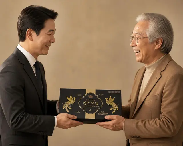 후배가 선배에게 두 손으로 선물 상자를 건네는 순간