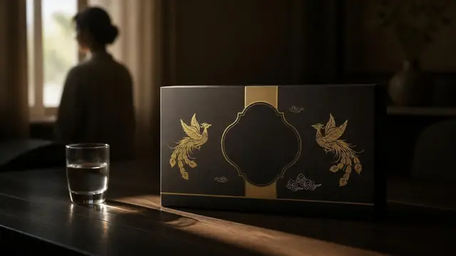 어두운 창가 탁자 위 물 한 잔과 선물 상자, 멀리 창밖을 보는 사람